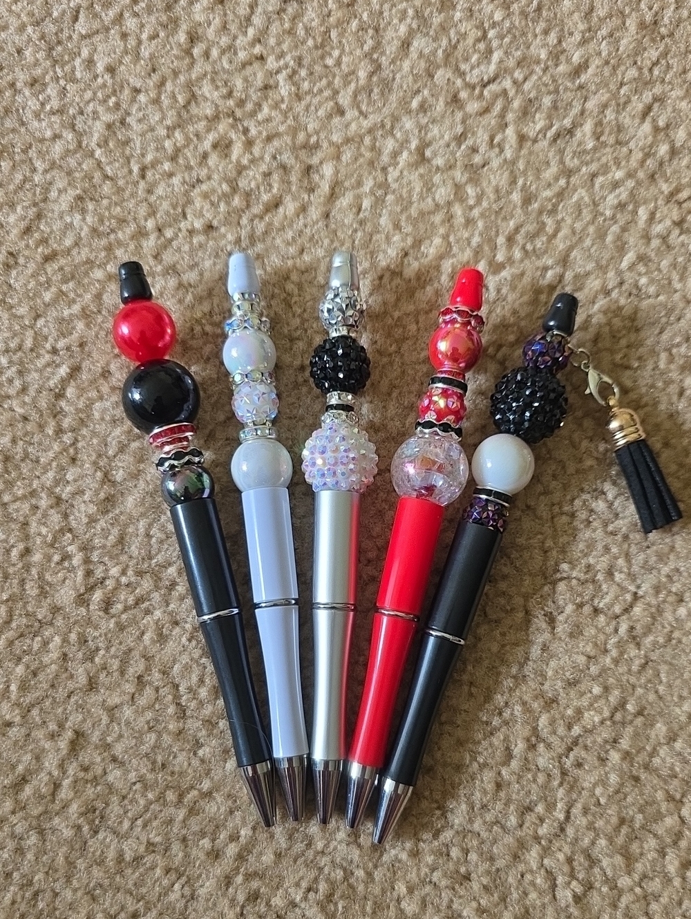 Decorative Handmade Beaded Ballpoint Pens - Red, Black, & White, Set Of 5, New.